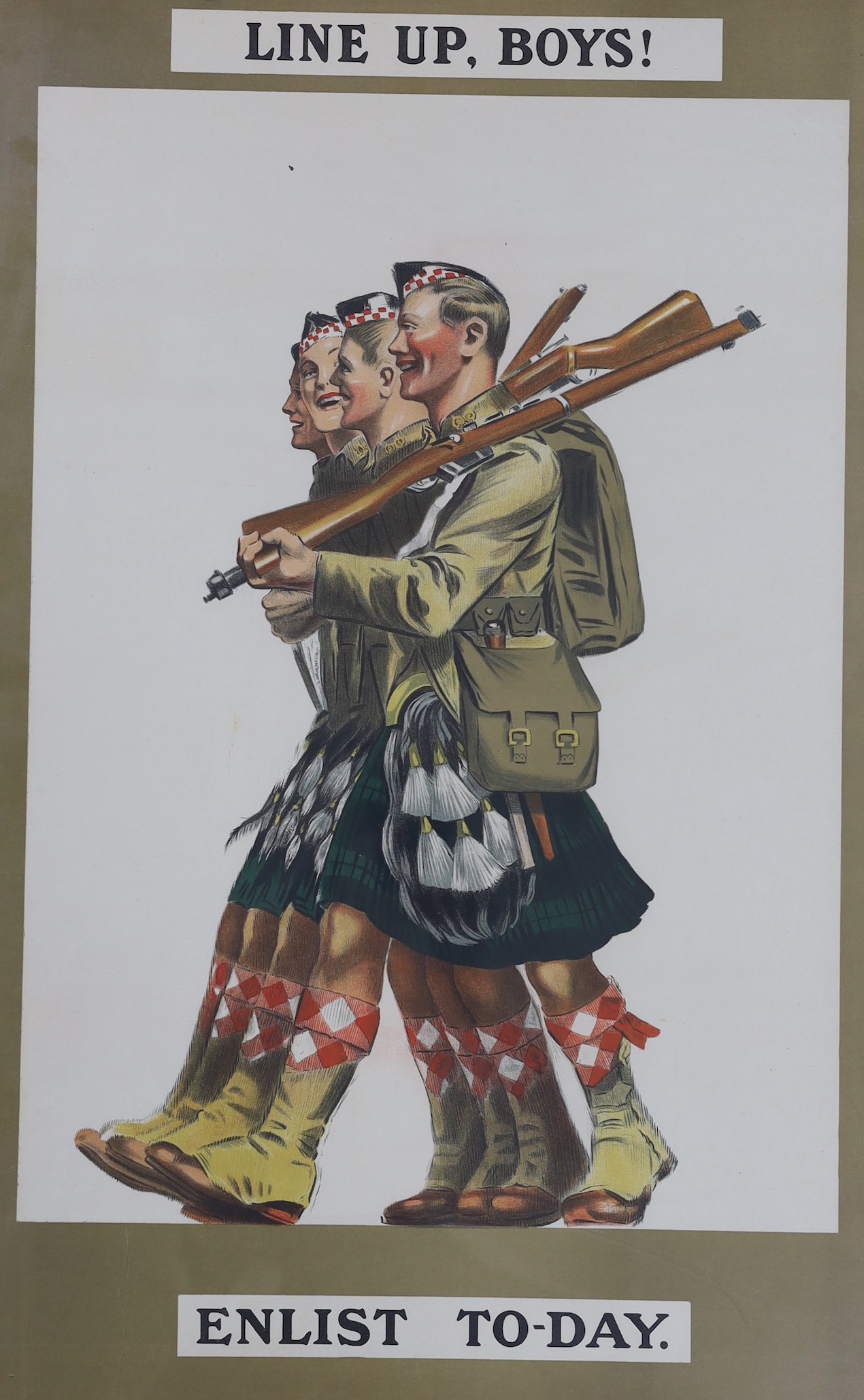A WWI recruitment poster, 'Line Up, Boys! Enlist Today', 74 x 49cm
